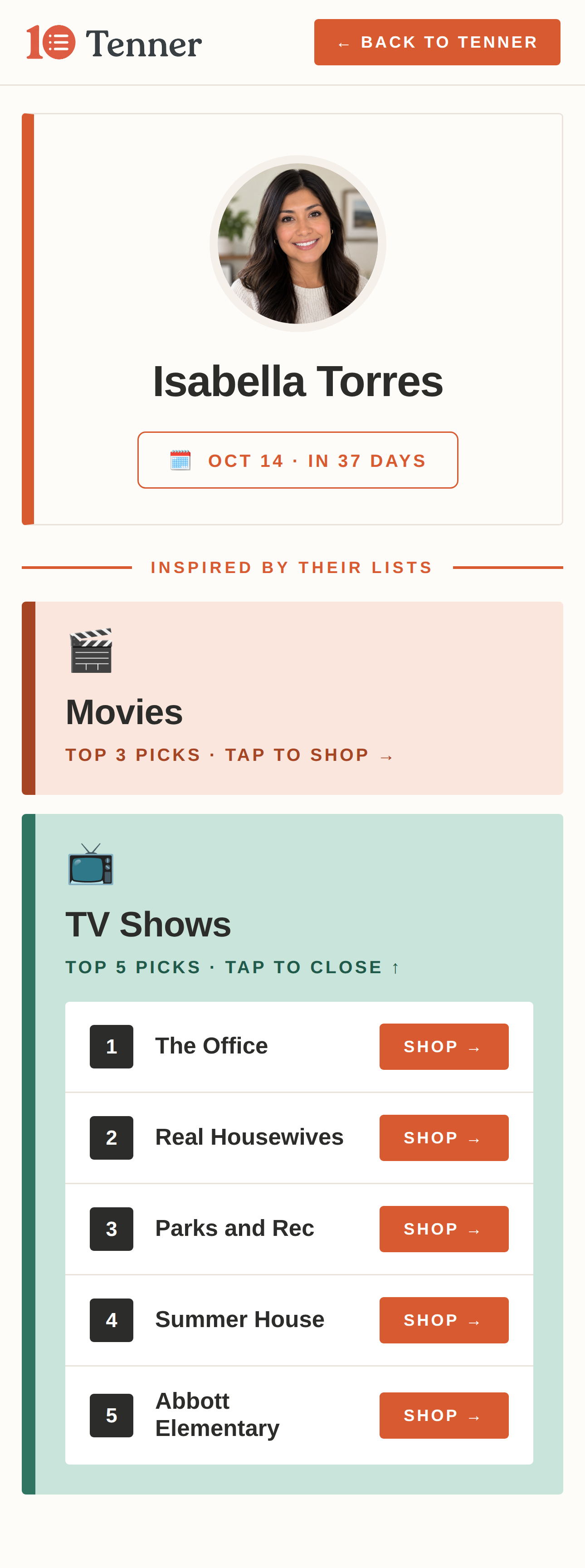 A Tenner gift page for Isabella Torres, showing a birthday countdown and a Top 5 TV Shows list with Shop buttons